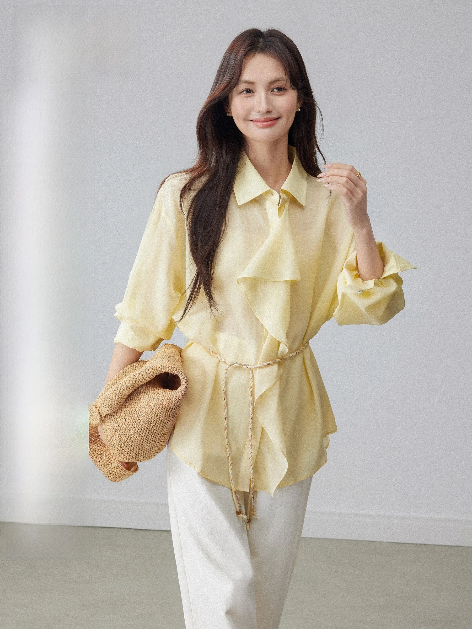 

Yellow Lace Trim Long Sve irt Women's Spring 2026 New Sle Korean System Unique irt Casual Loose Fit Pure Color