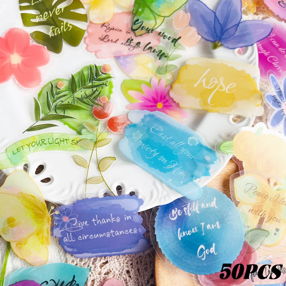 

50pcs Bible watercolour wash stickers for notebooks, diaries, mobile phone cases, and other decorations, made of PET material.