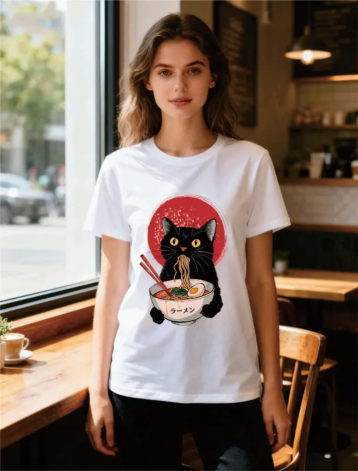 

Foodie enthusiast ramen Black Cat T-shirt, casual short-sleeved round-neck, comfortable daily streetwear