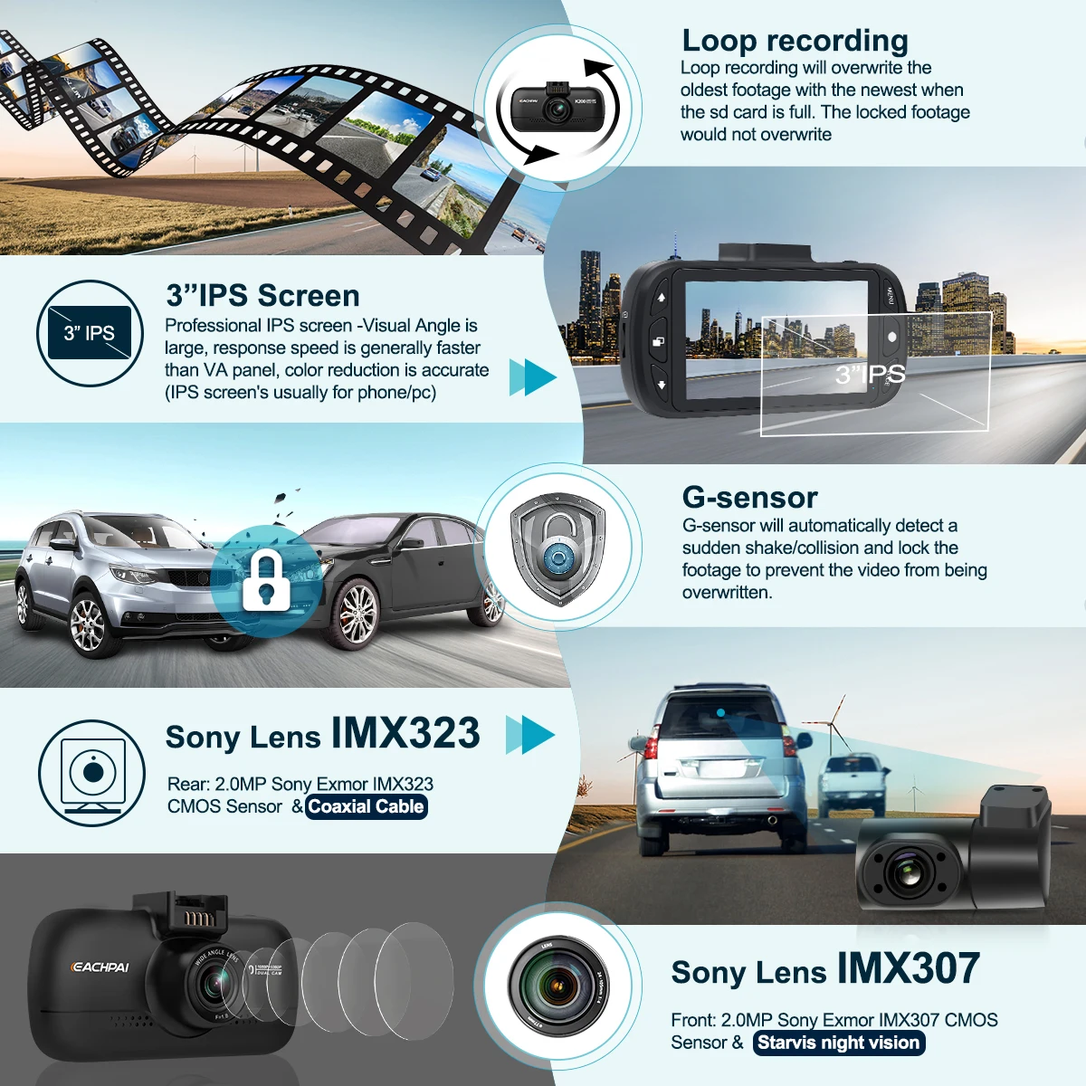 Eachai-車用デュアルDVRカメラ,デュアルダッシュカメラ,1080P,GPS,wifi,スタービス暗視装置付き