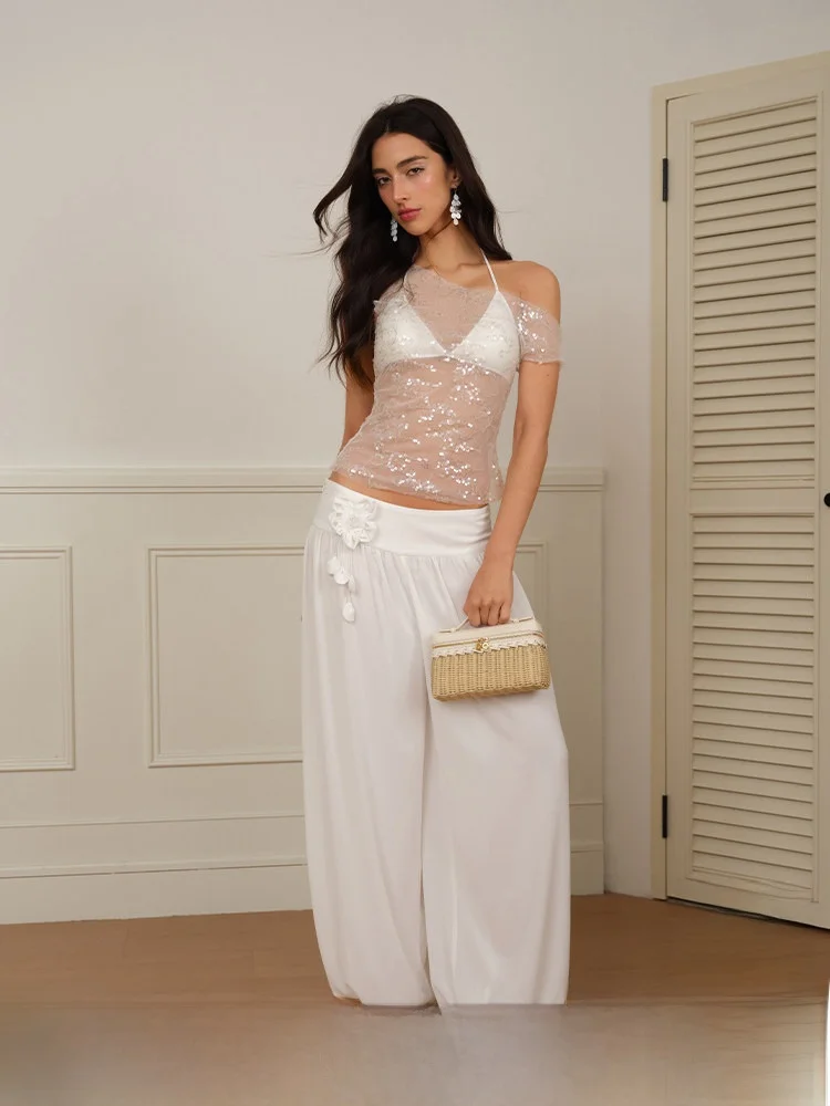 

Shiny Sequin Mesh Top Irregular Shoulder Transparent Women's Slim Fit Base Layer Covering Summer Vacation Style Outerwear