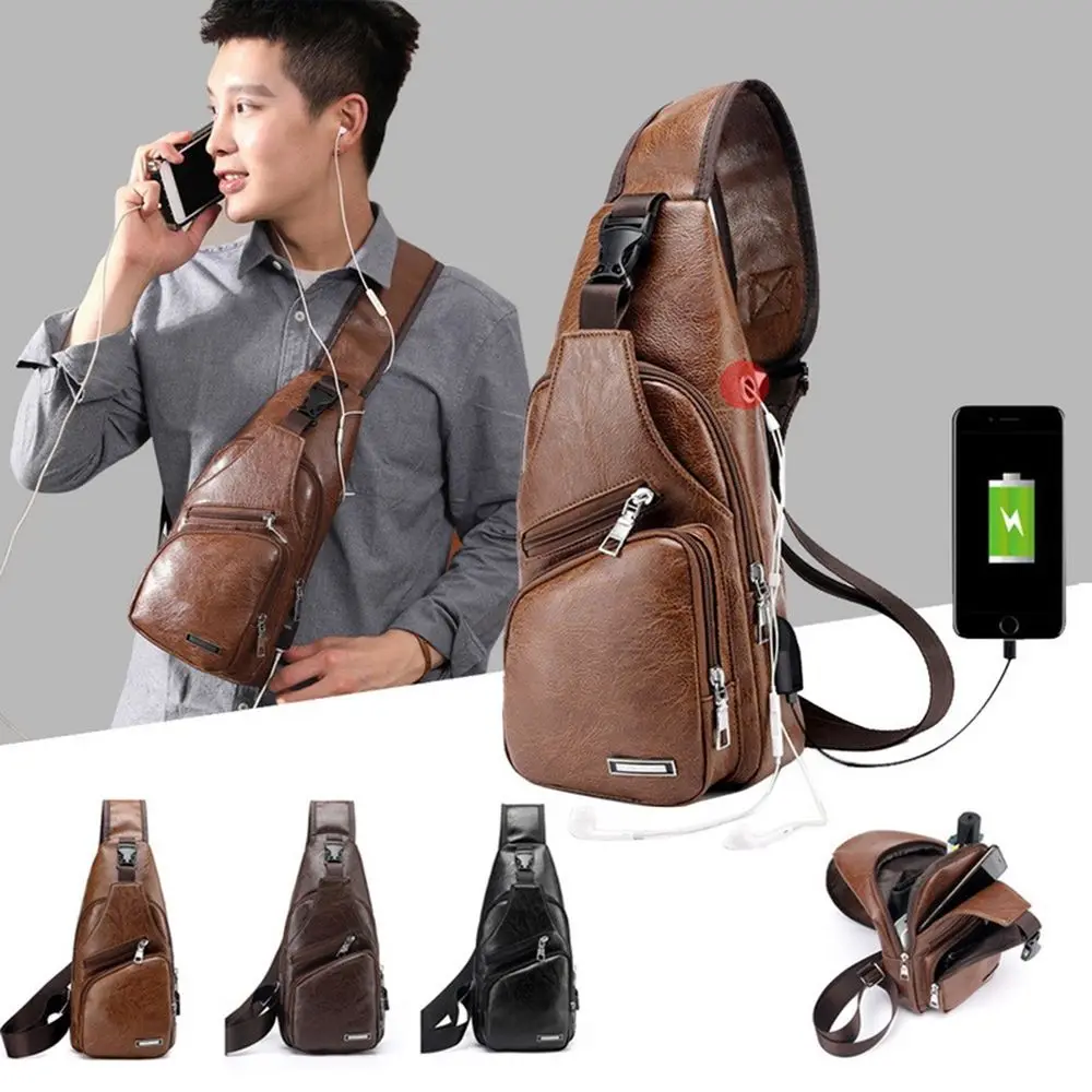 USB data cable charging chest bag casual fashion shoulder bag PU outdoor sports men\'s bag