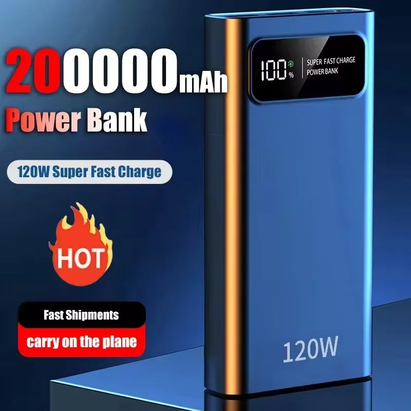 Mobile Power Bank with Digital Display, 200000mAh, 120W, Ultra Fast Charging, Large Capacity, Suitable for iPhone 15, 14, Xiaomi