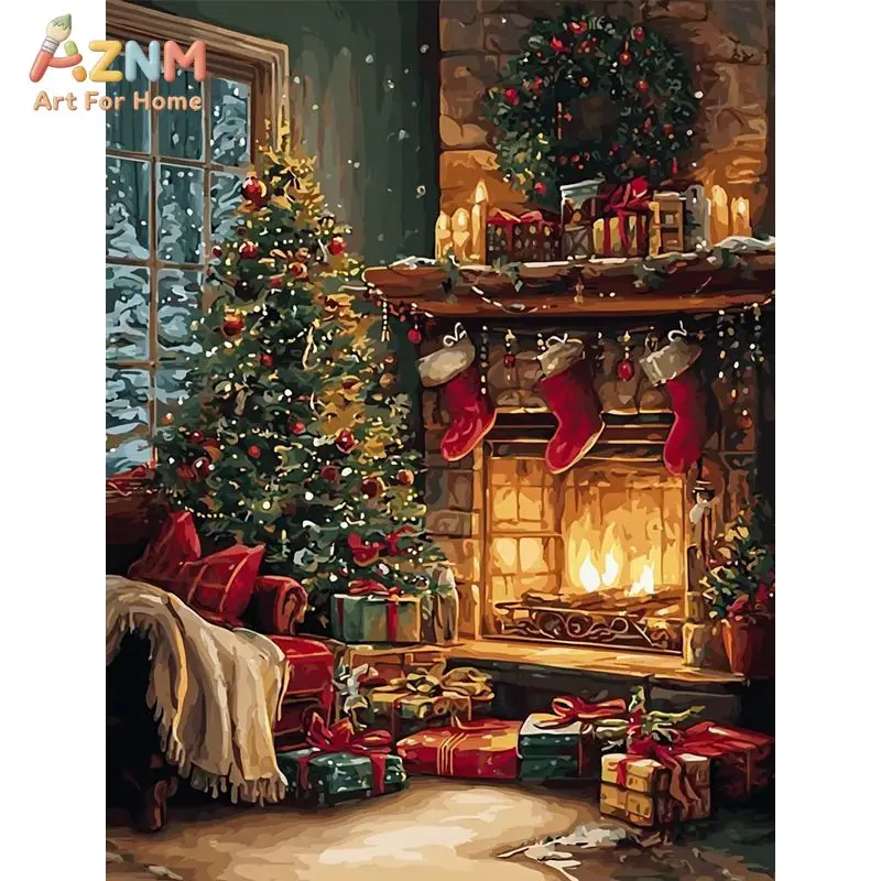 AZNM, Cozy Christmas Tree Winter Home Canvas Wall Art, 2D Flat Frameless Print, Warm Holiday Indoor Snow Scene Painting Poster,