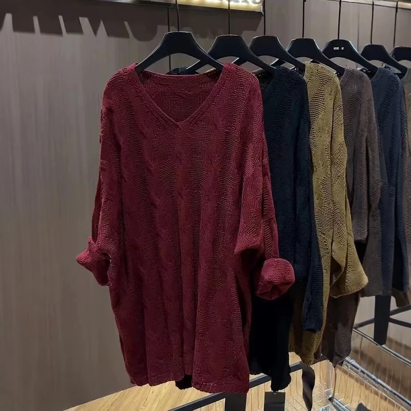 

Женский вязаный длинный свитер Sve V-Ne больших размеров, свободный крой, длина миди, модный повседневный свитер, корейская версия