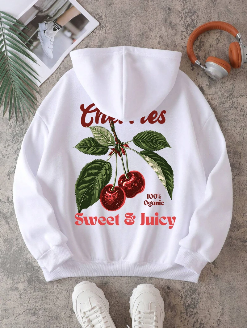 Fresh Picked Cherries Hoodies Men Women Sweet Fruit Printing Sweatshirts Loose Pocket Fleece Warm Pullovers Winter Sportswear