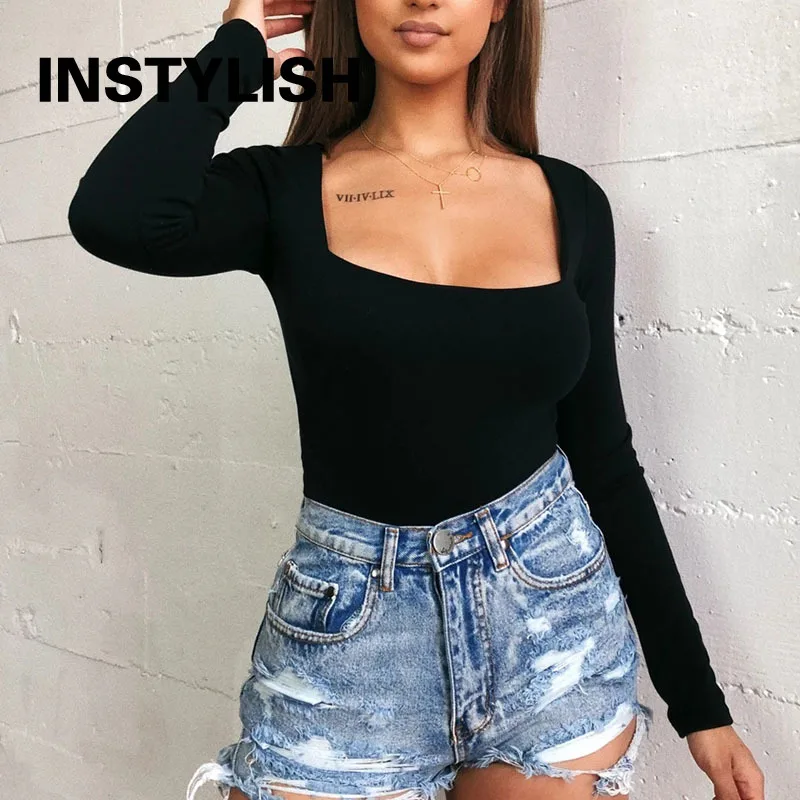 Elegant Long Sleeve Bodysuit Casual Square Collar Solid Bodycon Jumpsuit Women Autumn Slim Overalls Tops Streetwear Rompers