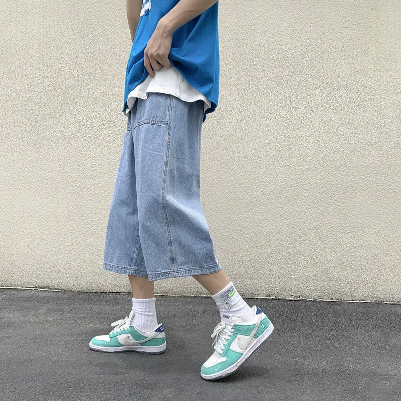 New Summer Fashion Straight Leg Jeans For Men's Korean Light Blue Slim Fit Loose Luxury Brand Design Casual Wide Leg Shorts