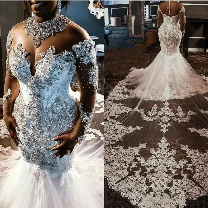 Customized Top Lace Mermaid Wedding Dresses Tulle Applique Beaded Crystals Long Sleeves Bridal Gowns With Detachable Train