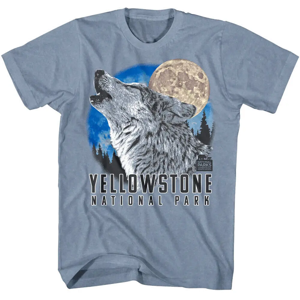 Yellowstone Howling Wolf Men's T Shirt Full Moon National Park Wyoming Idaho