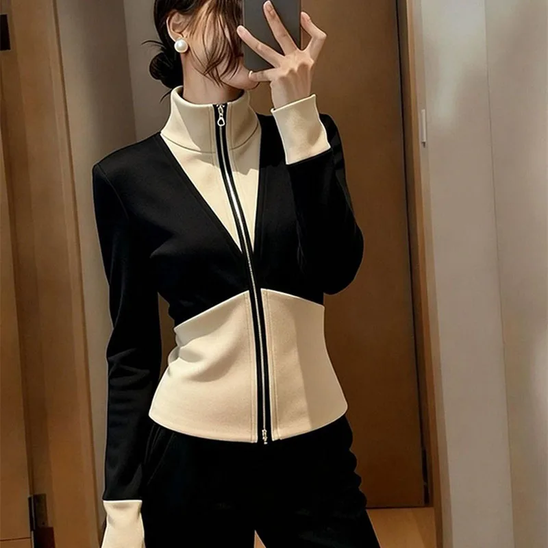 2026 봄 가을 신상 여성 재킷 상의 아름다운 기품 슬림 컬러 대비 캐주얼 후드 스포츠웨어 코트
