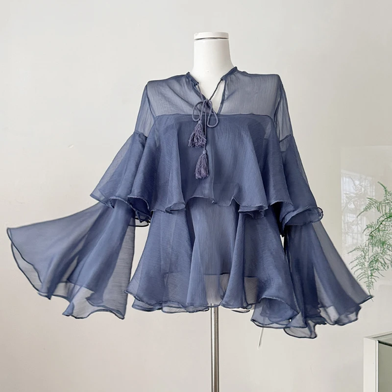 

Gentle Temperament Layered Ruffles Blouse Long Sleeve Women Spring Autumn Lace-Up Korean Fashion Tops Blue Shirts Elegant Shirt
