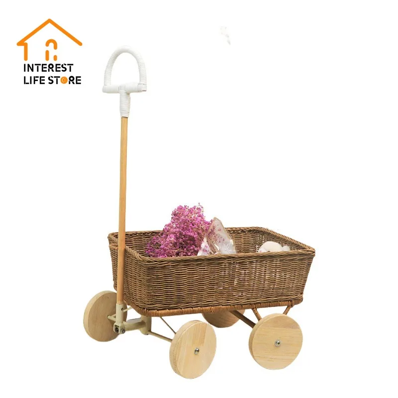 Children Outdoor Trolley Natural Rattan Woven Toy Storage Basket Garden Picking Storage Camping Large Capacity Storage Container
