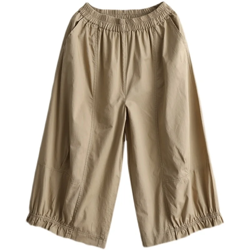 Pantalones de pierna ancha de lino y algodón japonés para mujer, pantalones informales de cintura alta con falda de siete pies, ropa de trabajo