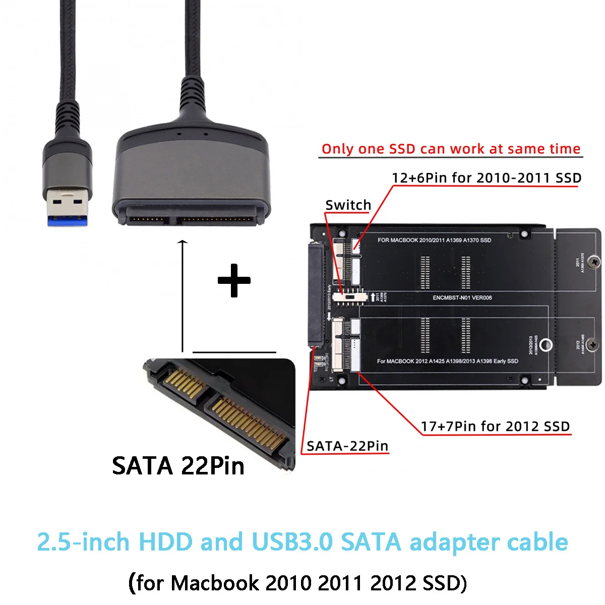 Adapter 2.5inch SATA 22Pin to 2010 2011 2012 Mac Air Pro SSD and USB 3.0 SATA 22 Pin Cable 5Gbps