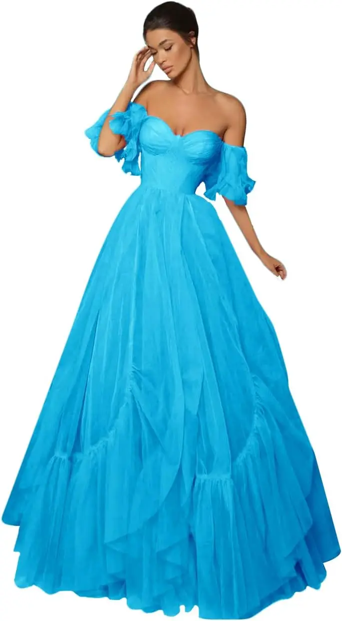 Abiti da ballo in tulle con spalle scoperte Abiti da ballo 2024 Abito da ballo lungo senza spalline con corsetto Abiti da sposa con scollo a cuore