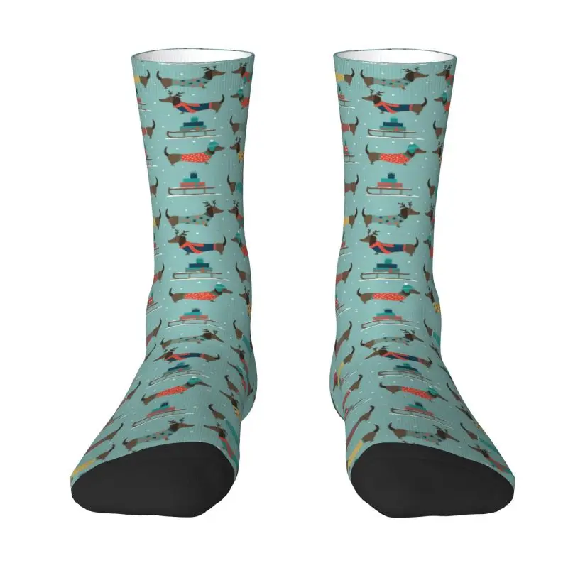 Christmas Dachshund Dog Pattern Dress Socks for Men Women Warm Funny Novelty Badger Sausage Dog Crew Socks