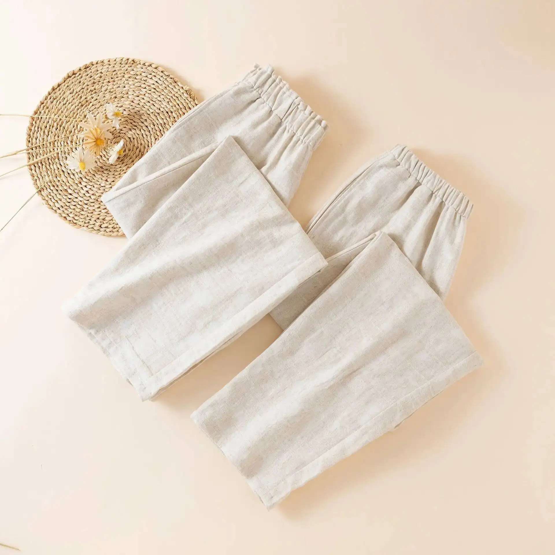 

Повседневный стиль, однотонная хлопково-льняная одежда для сна для пар, весенне-осенние тонкие мужские и женские домашние брюки