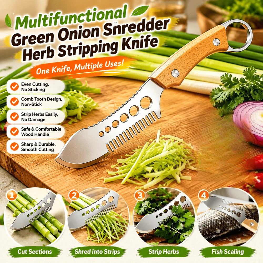 New 3-In-1 Stainless Steel Scallion Slicer&Herb Cutter with Wooden Handle Onion Chopper Knife Design Food Speedy Chopper Silk
