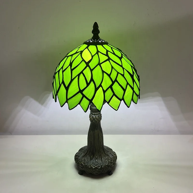 8 Inch Tiffany Lamp Stained Glass Bedside Table Lamp Leaf Green Style Reading Table Lamp