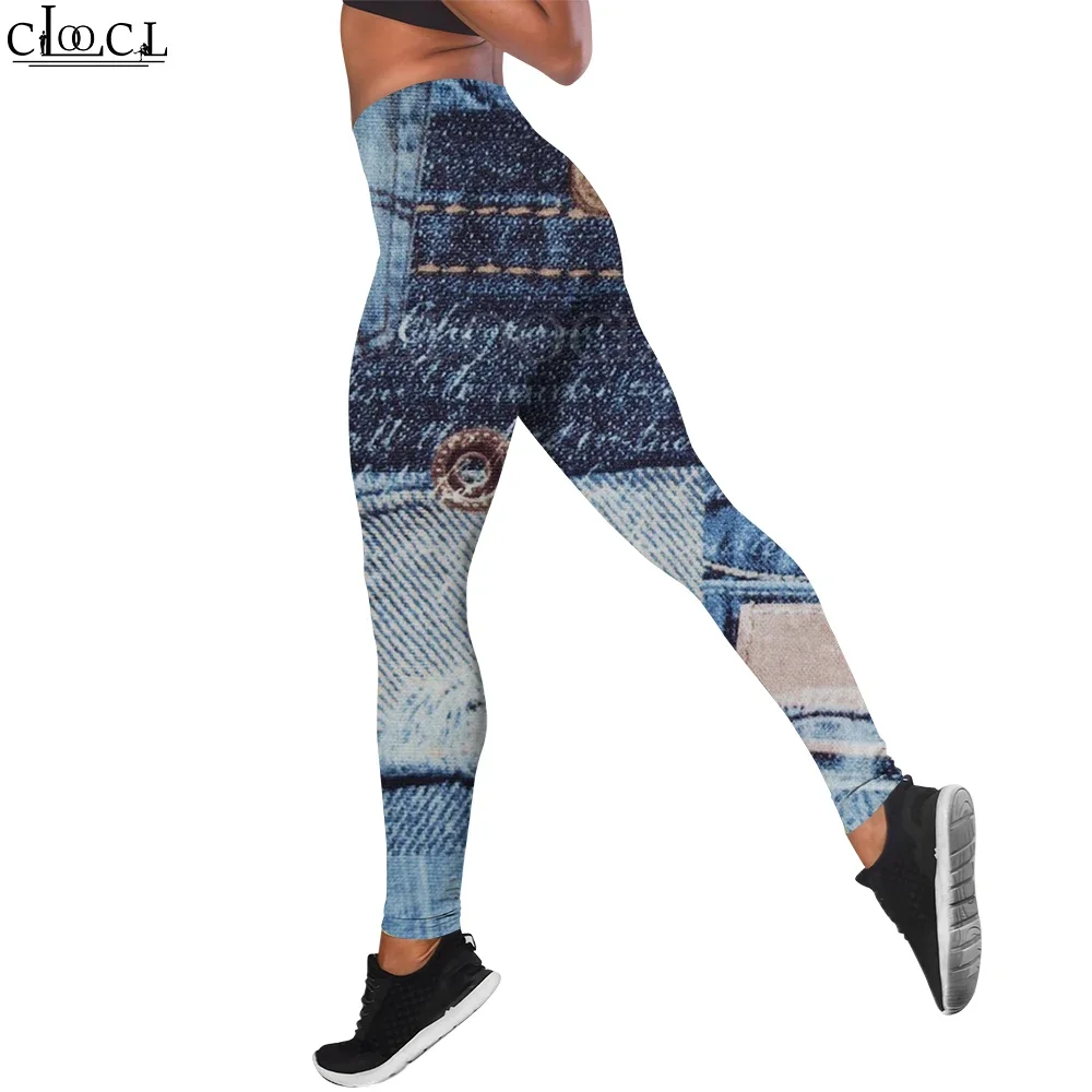 CLOOCL Women Legging Old Denim Print High Waist Workout Trousers for Lady Gym Workout Lift Hips Cycling Jogging Pants