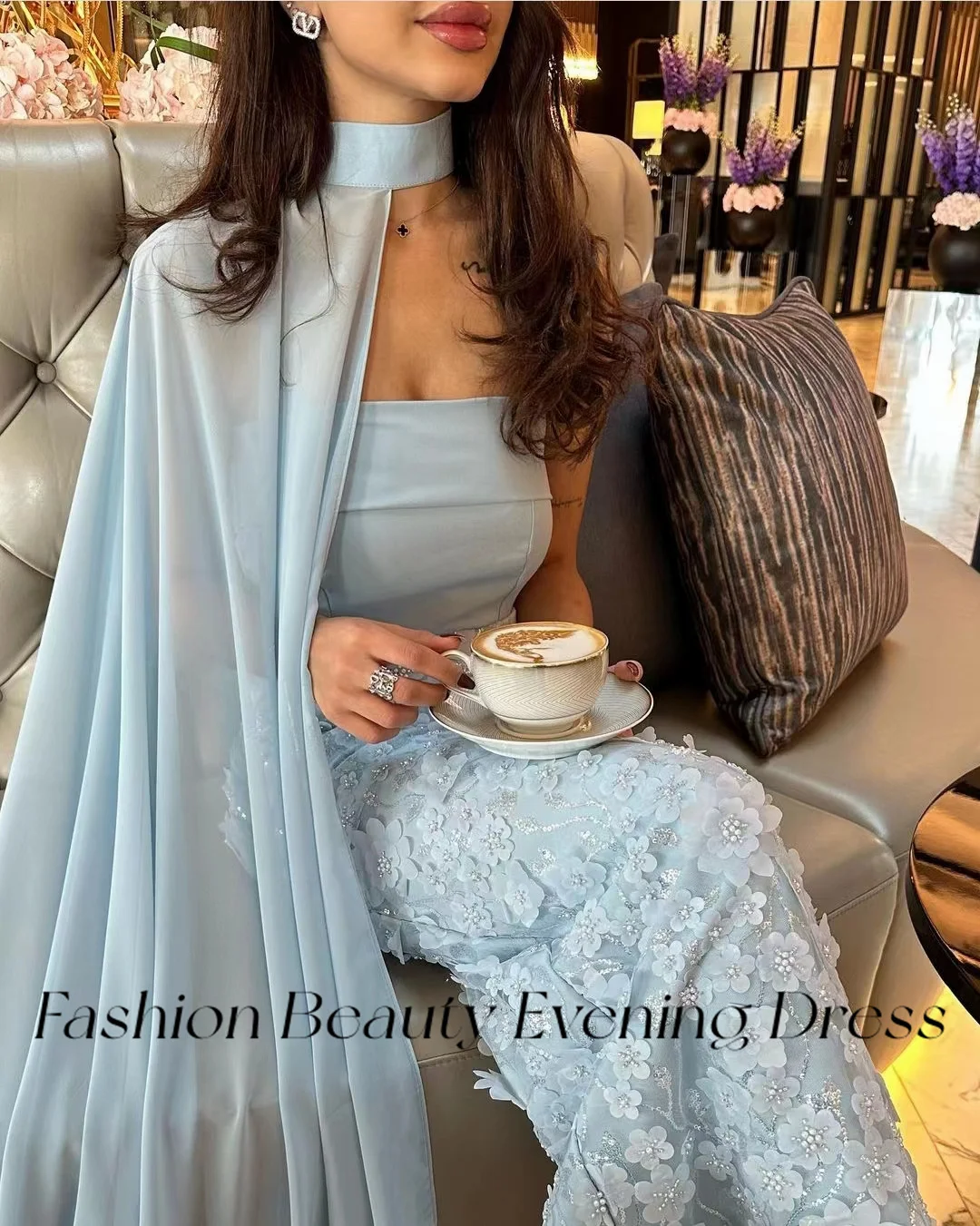 Fashion Beauty Sky Blue Evening Dresses Strapless Two-Piece Flower Bead Elgeant Formal Party Dress For Women 2024 فساتين السهرة