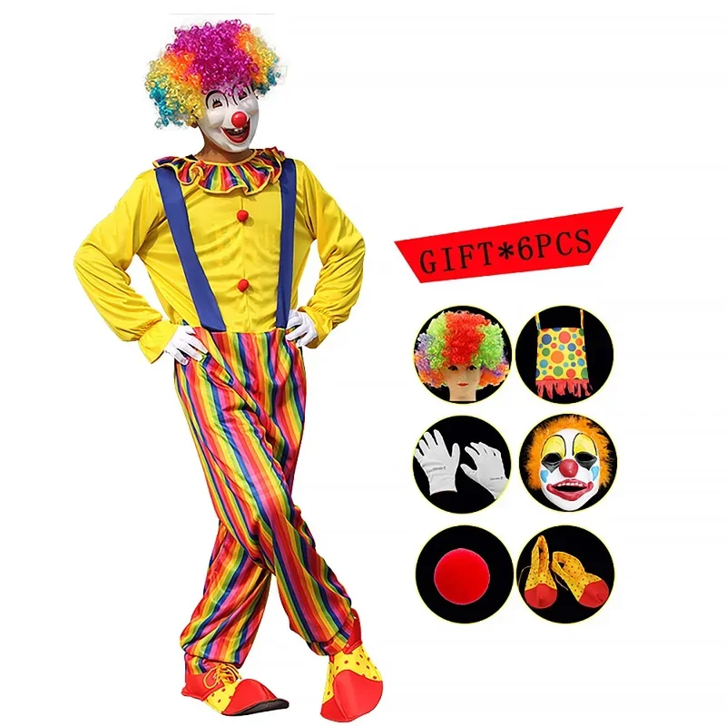 HN8 الرجال مضحك السيرك ملابس مهرج مع قبعة كرنفال حفلة مهرج الملابس مع شعر مستعار أحذية قناع قفازات Bag8...Gf