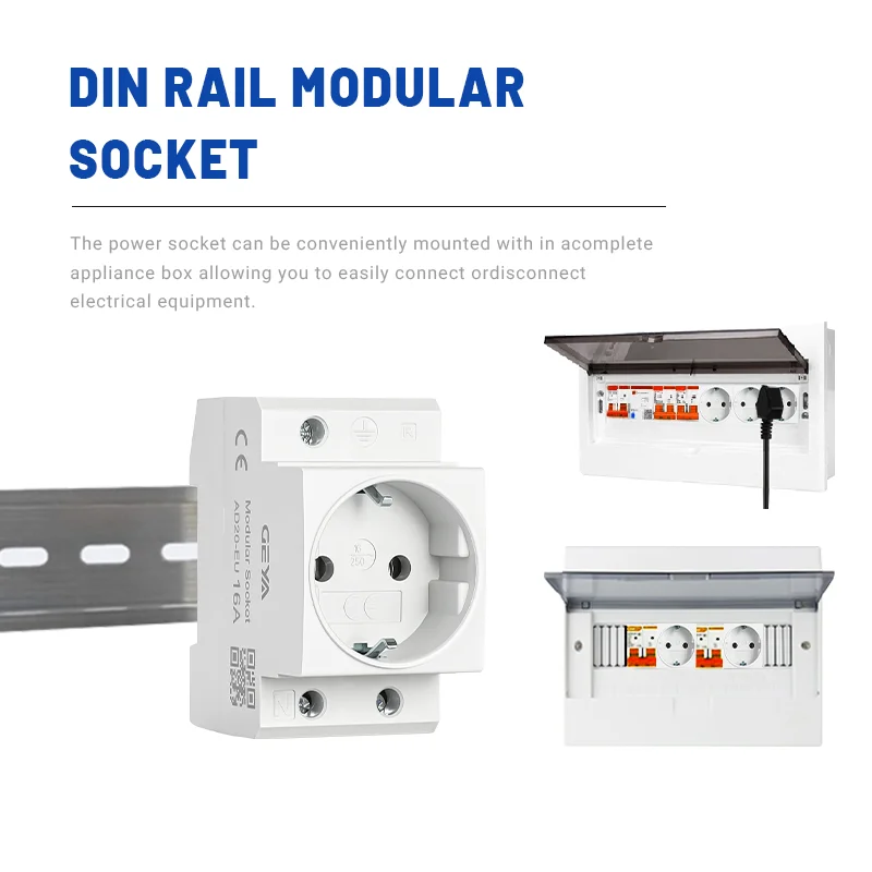GEYA EU Din Rail Modular Power Socket Plug 16A 220V AC Outlet Industrial Residential Purpose Adapter Recessed Safety Outlet 1PCS