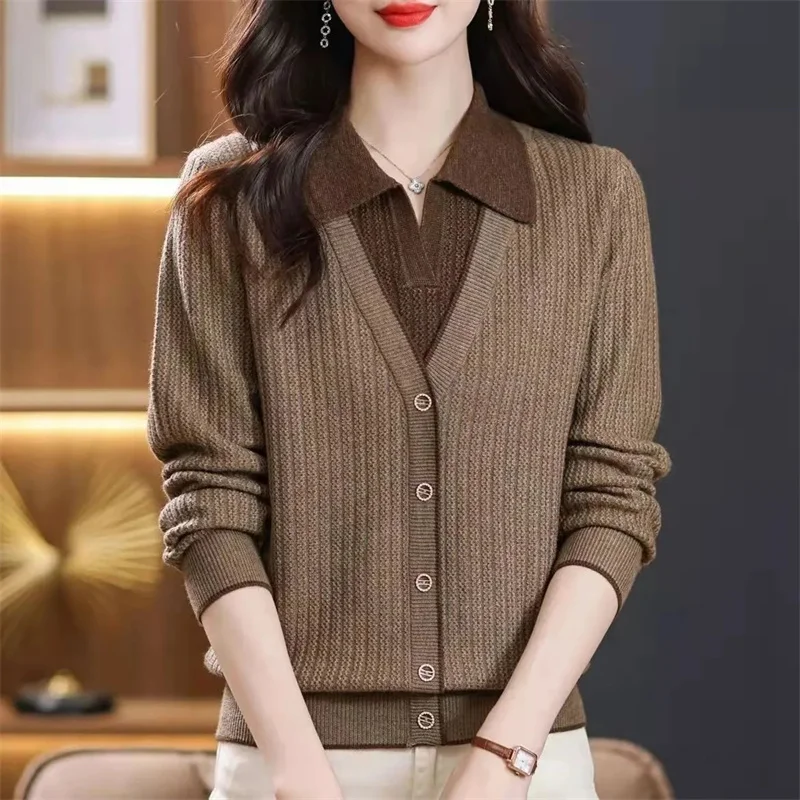 Autumn Winter Female Fake Two Pieces Sweater 2024 Lady Lapel Collar Loose Fitting Pullover Knitting Women Long Sleeved Knitwear