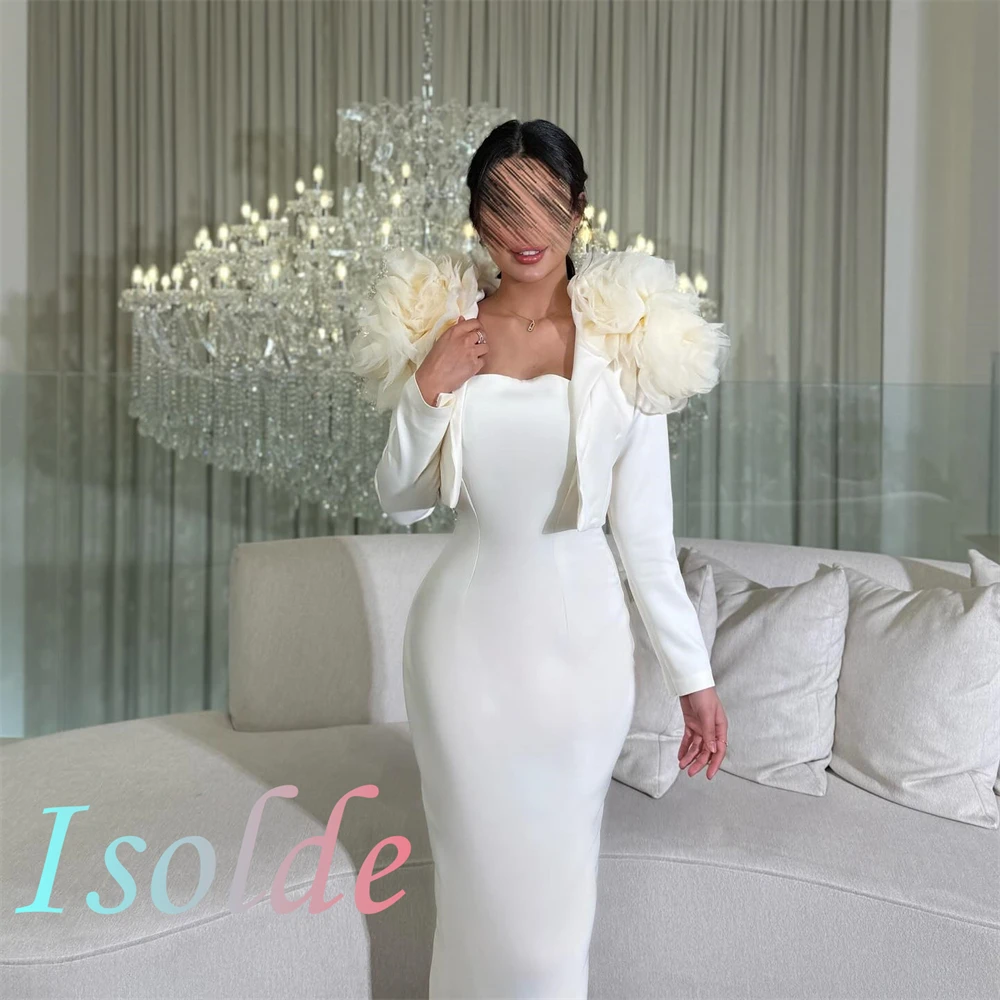 

Customized Classic White Evening Dress Exquisite Strapless Long Sleeves Homecoming Dresses Modern Flowers Vestido De Festa