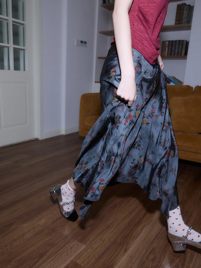 

OvyClub Spring Summer Floral Lenzing Rayon Long Silk Fabric A-Line Midi Skirt Women's Faion Chinoiserie Sle Skirts