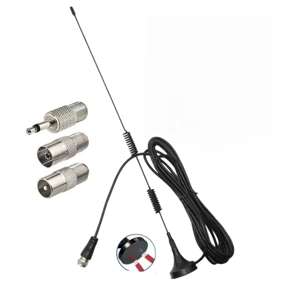 FM/AM antenna magnetic base 75 ohm screw F male plug, with PAL male, PAL female, 3.5mm male, BNC male, and 75 to 300 ohm adapter
