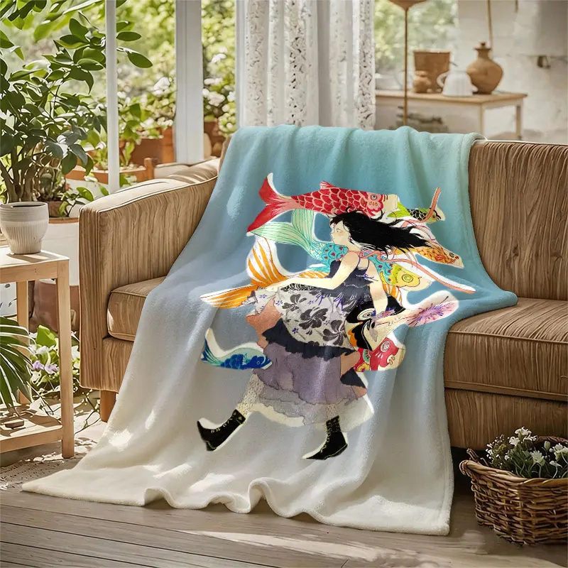 Girl Koi Nobori Watercolor Flannel Blanket Perfect for Sofa Office Bed Travel Sleep Read Relax Camping Four Season Use