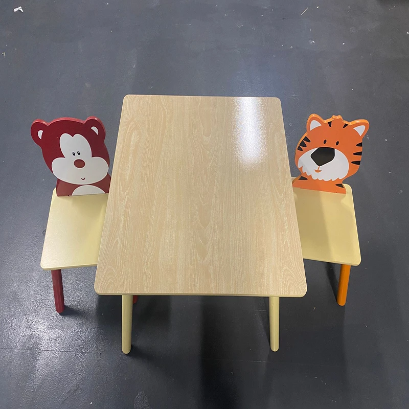 Kindertafel En 2 Stoelen Set, 3 Stuks Peuter Tafel En Stoel Set, Houten Activiteit Speeltafel Set (Beer & Tijger)