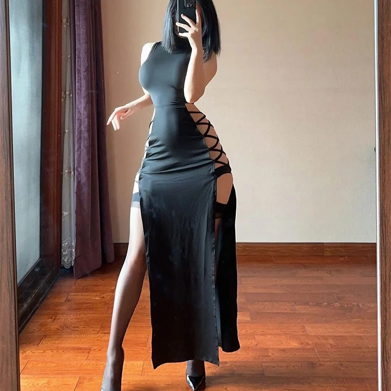 Sexy 2024 Fashion Side Slit Black Bodycon Sleeveless Maxi Evening Dress Summer Cross Bandage Women Beach Club Party Dresses Robe