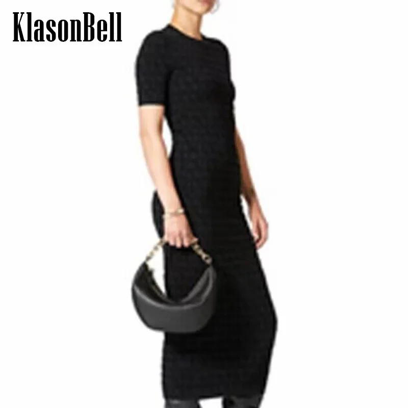 

1.2 KlasonBell Fashion Vintage Letter Jacquard Knitted Dress Women's Short Sleeve Stretch Slim Package Hip Maxi Dress