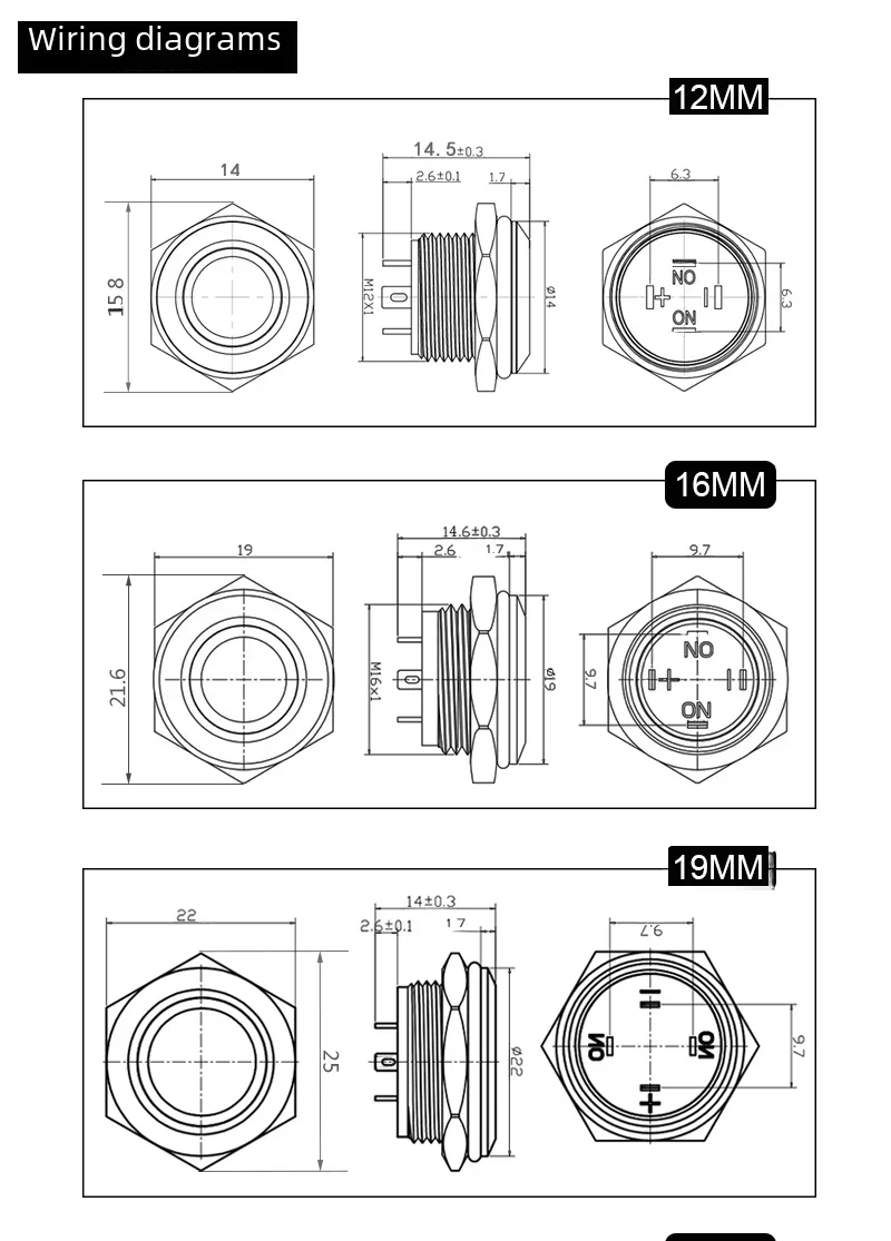 ミニ防水金属押しボタンスイッチ,ショートストローク,LEDライト,赤,青,12mm, 16mm, 19mm, 22mm, 25mm, 28mm 30mm, 5v,12v,24v,220v