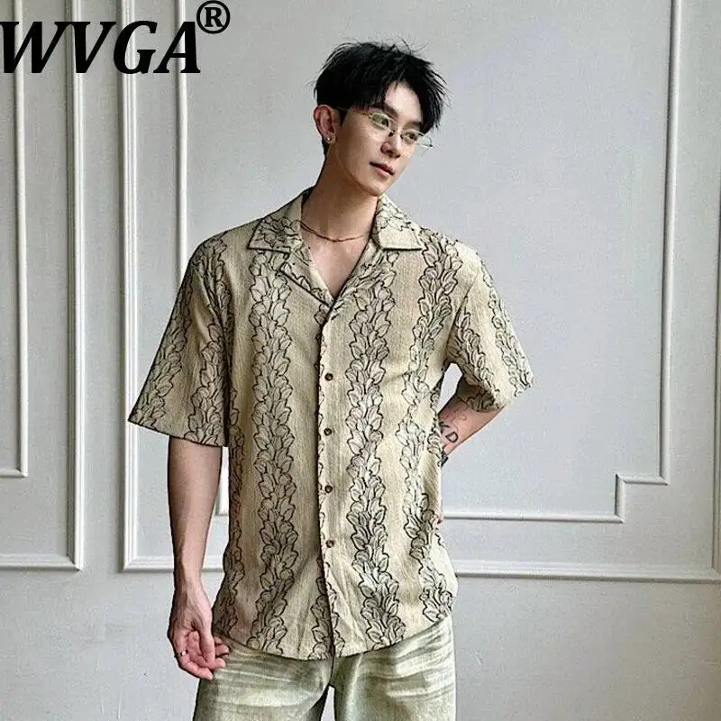 WVGA Summer New Men Light Luxury Lace Design Retro Leaf Cuban Collar Short Sleeved Shirts Niche Chic Casual Loose Top Ins W24729