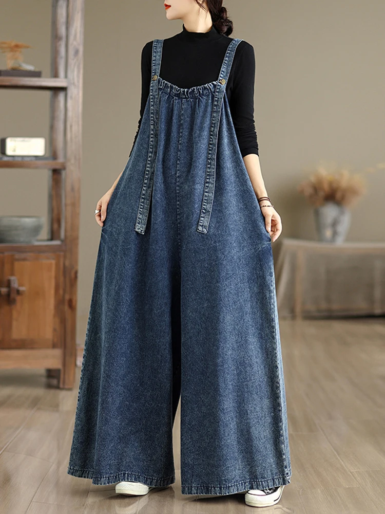 NYFS 2025 الربيع الصيف النساء وزرة الدنيم السراويل الإناث خمر الصلبة فضفاضة حجم كبير بذلة المرأة