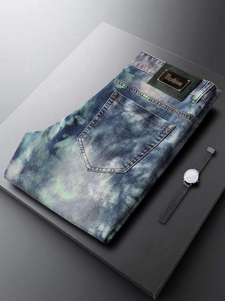 

Fashionable Printed Slim Fit Blue Jeans Men's Spring Autumn Trendy Casual Straight Leg Pants Jack Charles Youth Popular Cotto...