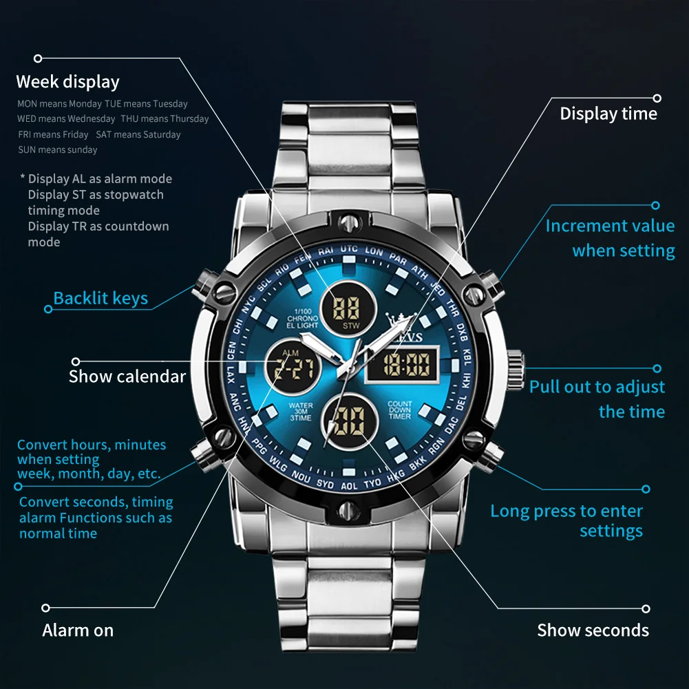 OLEVS Original Brand Men Quartz Watches Waterproof Trendy Electronic Watch Multifunctional LED Luminous Fashion Stainless Steel