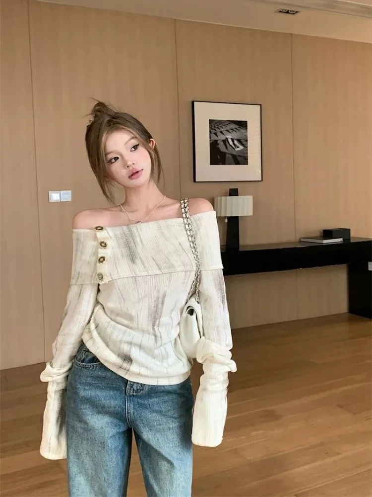 

Elegant Vintage Tie Dye T-shirt Female Autumn Winter Slim Fit Bottoming Top for Women Korean Fashion All-match Tee Shirt