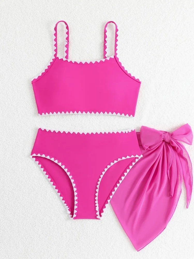 Bikini Girls Kids Swimsuit 2026 New Pink Sling Children Swimwear Summer High Waist Mesh Three Piece Beach Cover Up Bathing Suits - view 5
