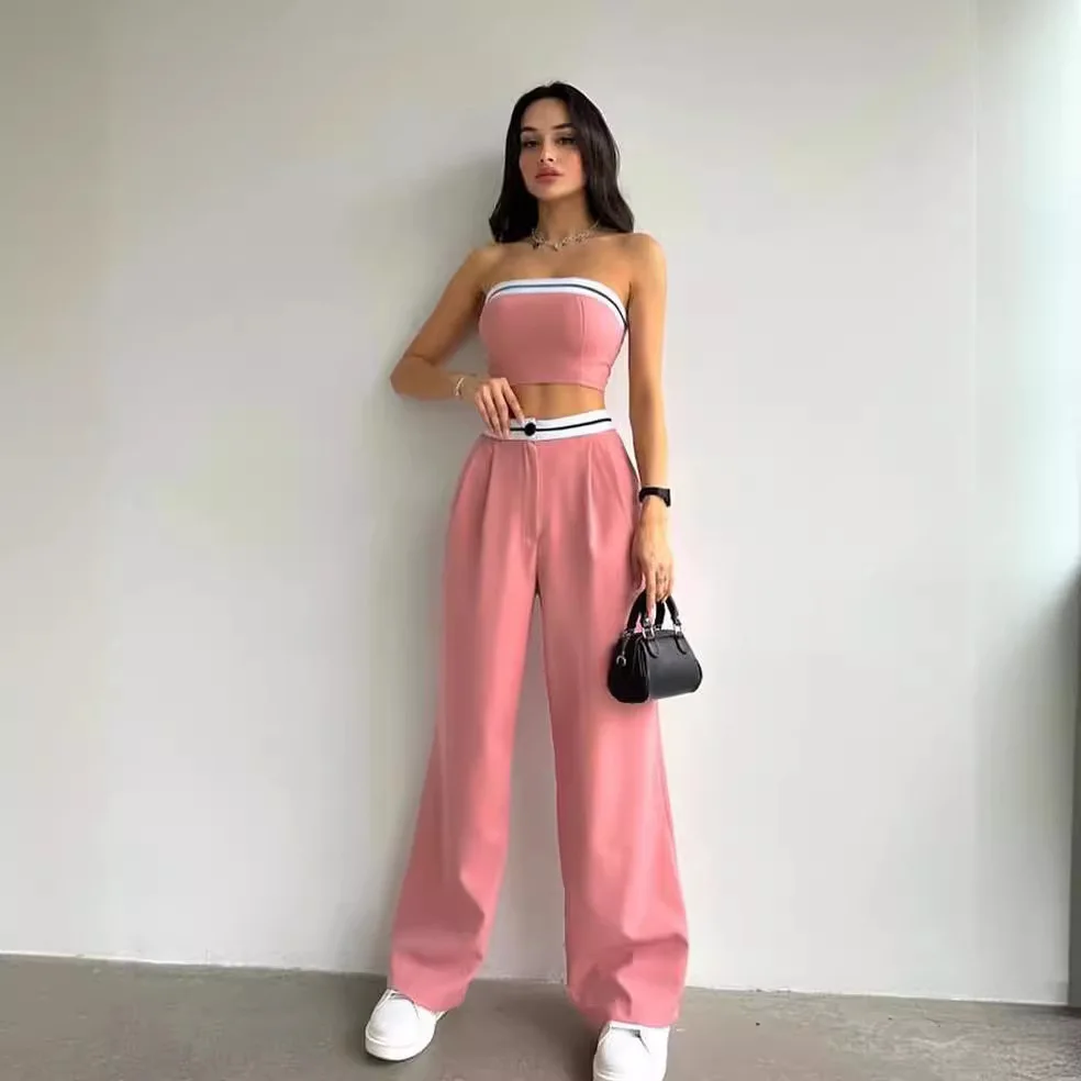 Women Contrasting Colors Pants Two Pieces Set Casual High Waist Pant+Tube Top Suit Y2k Street Fashion Sexy Slim Sports Outifits