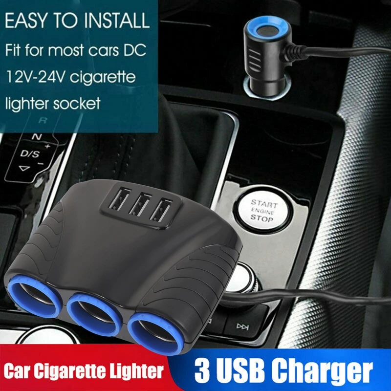 3 Way 12V 24V Multi Socket Car Cigarette Lighter Socket Extension Splitter USB Charger Adapter Auto Replacement Parts