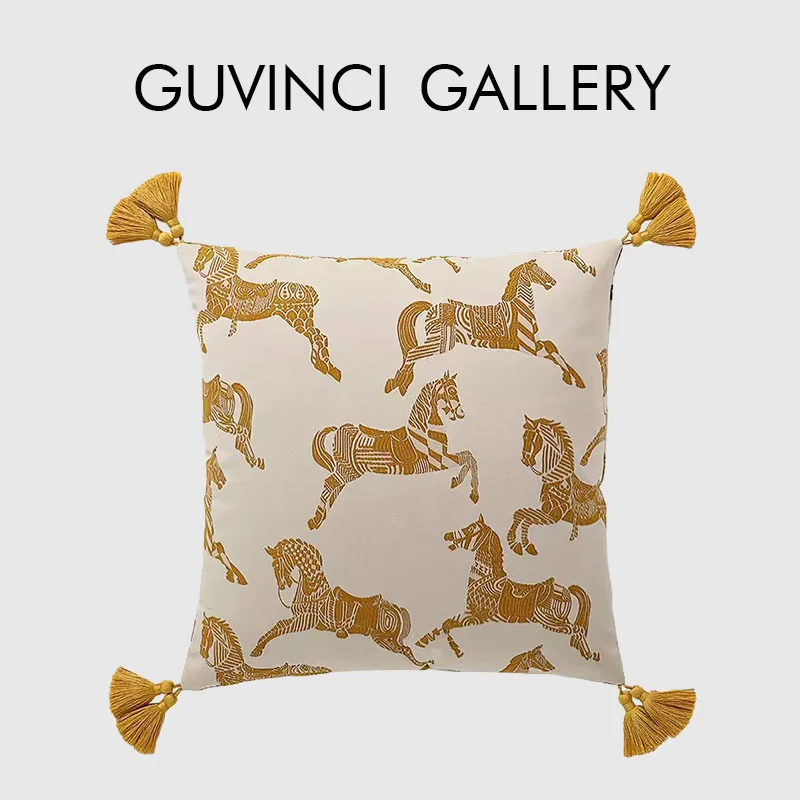 GUVINCI Distinctively And Luxuriously Pillow Cover Modern Medieval Gold Palace Horses Embroidery Cushion Case For Villa Hotel