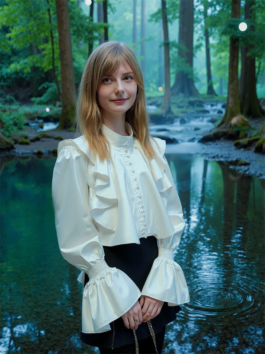 Koszule z rozszerzanymi rękawami w stylu vintage, długie bluzki damskie Y2K, tuniki damskie, letni uniform, ozdobne koraliki, dopasowany krój, beżowy, casual