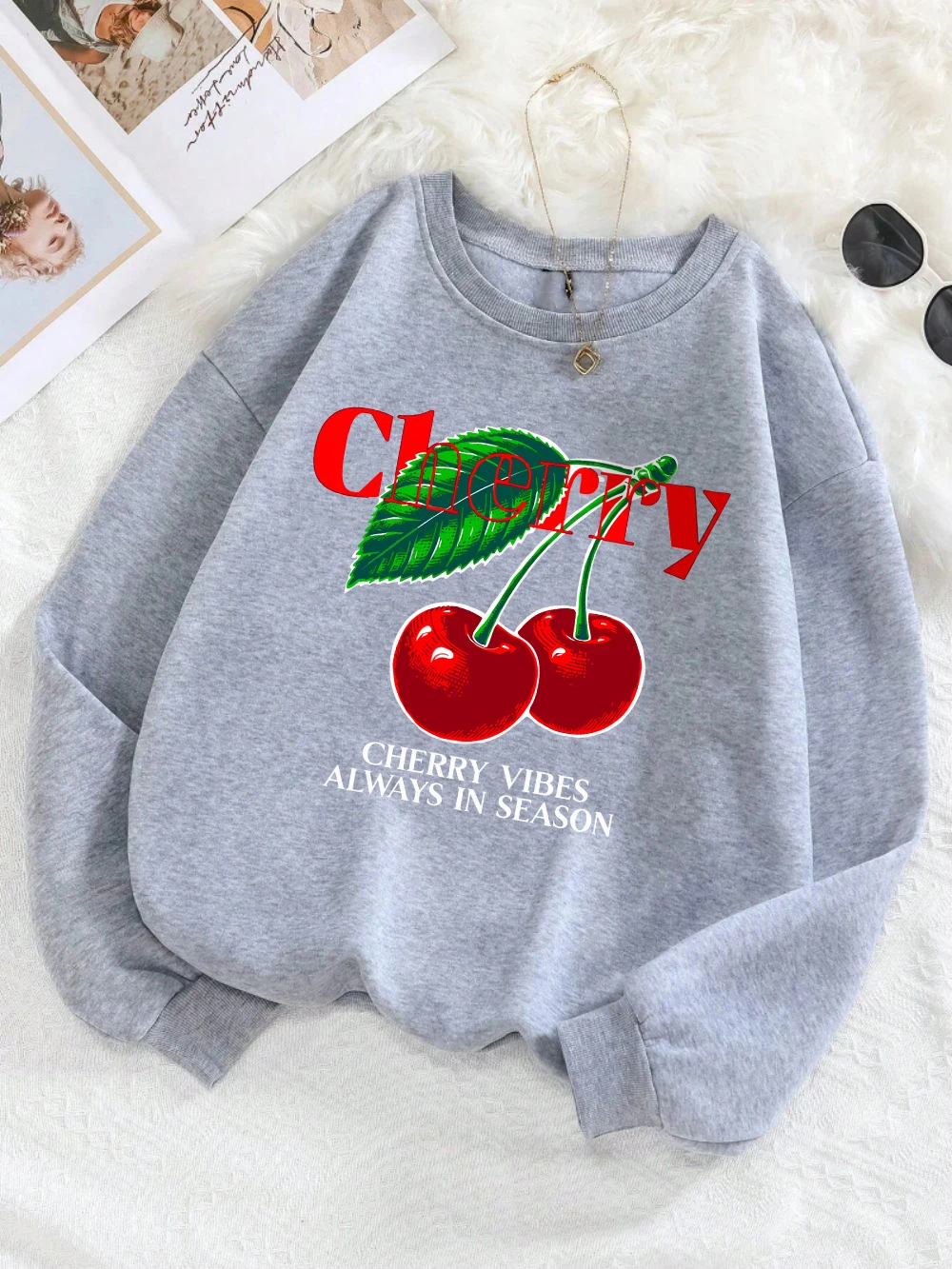 Cherry Vibes Always In Season Sweatshirts Womens Fruits Printed Hoodies Crewneck Loose Fleece Warm Tops Winter Woman Clothes