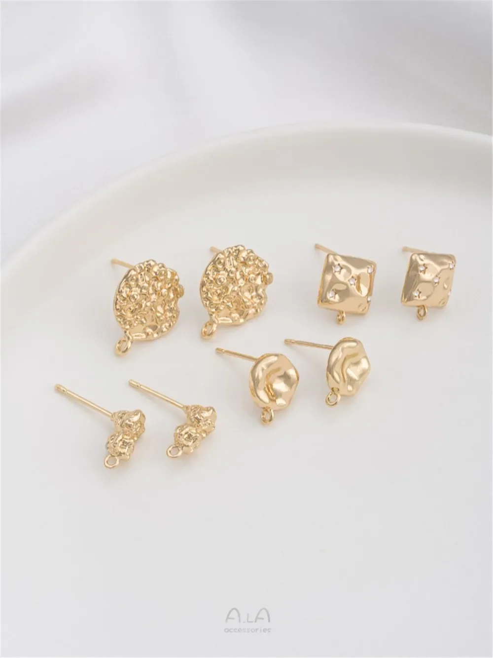 

925 Silver Needle 14K Gold Wrapped Lava Small Stone Irregular Flat Round Square with Hanging Rings Earrings Accessories E345