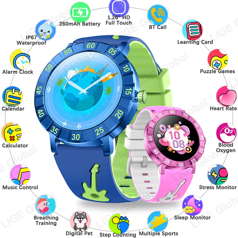 

LIGE Kids Smart Watch Study Card Bluetooth Call Puzzle Game Health Monitor Waterproof Child Smartwatch For Boy Girl Present 2026